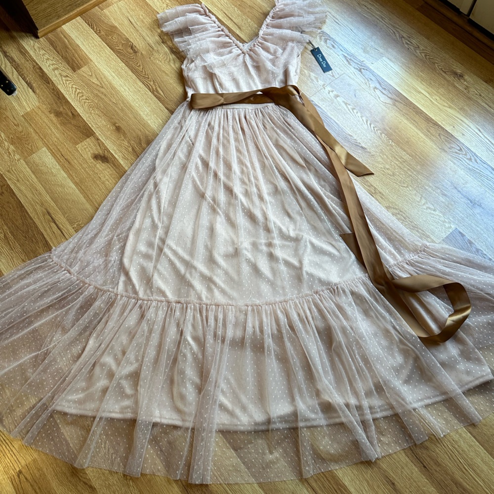 Brand New with tags. Small, Pink Dress Day with Gold tie